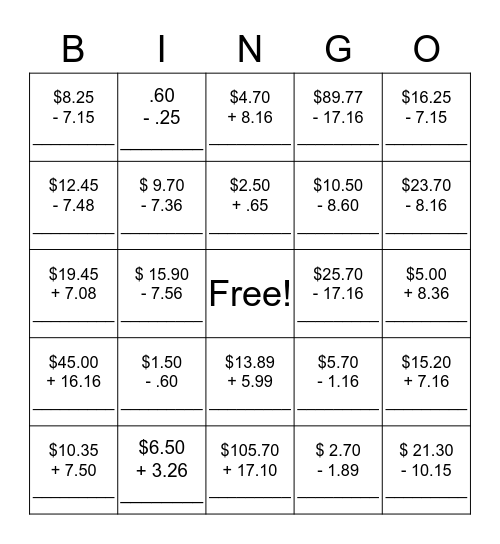 Money Bingo Card