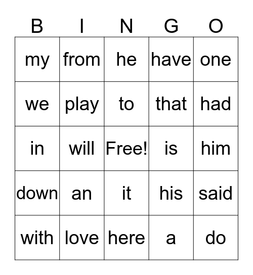 Sight Word Bingo Card