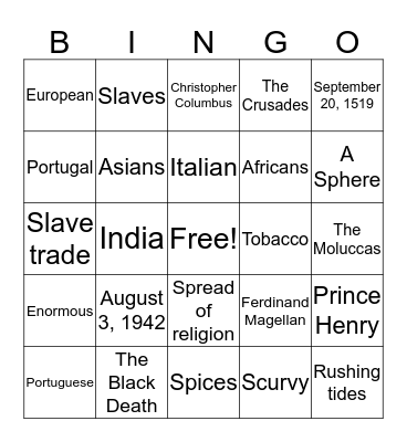 Exploration Bingo Card