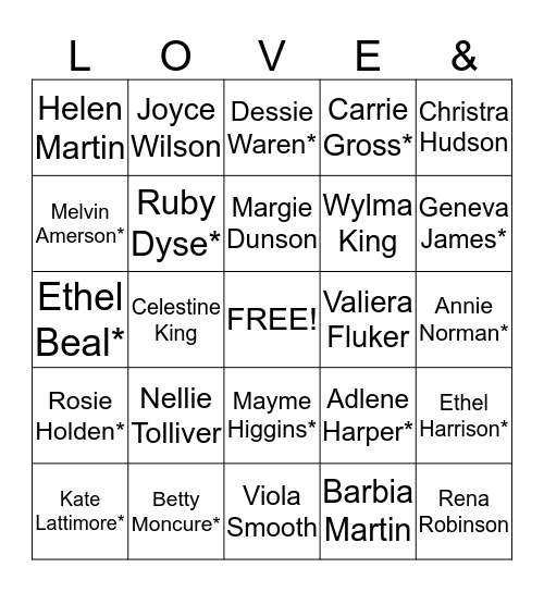 Love & Fellowship Prayer Band Bingo Card