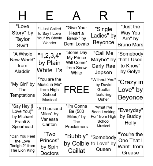 Love Song Bingo Card