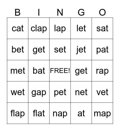 Word Families Bingo Card