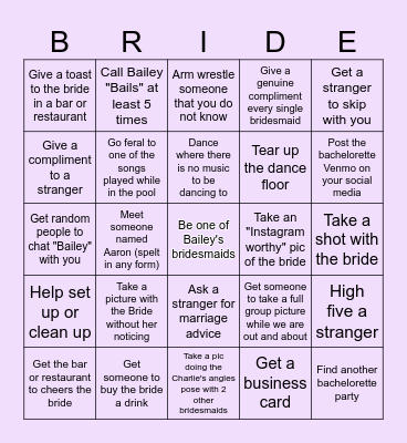 Bailey's Bachelorette Party Bingo Card