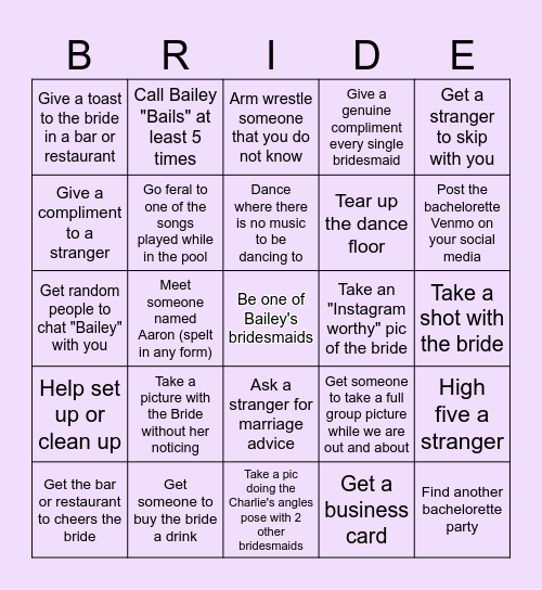 Bailey's Bachelorette Party Bingo Card