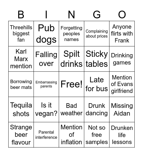 Beer Bus Bingo Card