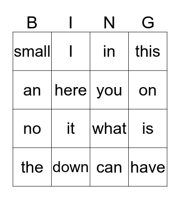Kindergarten Sight Words Bingo Card