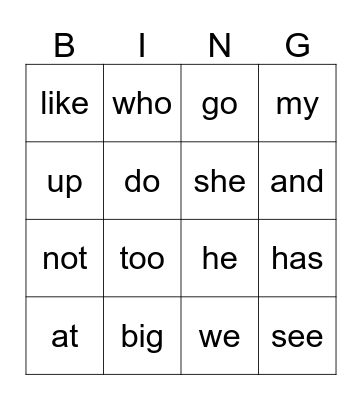 Kindergarten Sight Words Bingo Card