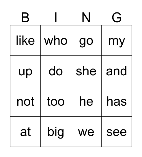 Kindergarten Sight Words Bingo Card