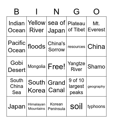 Geography of East Asia Bingo Card