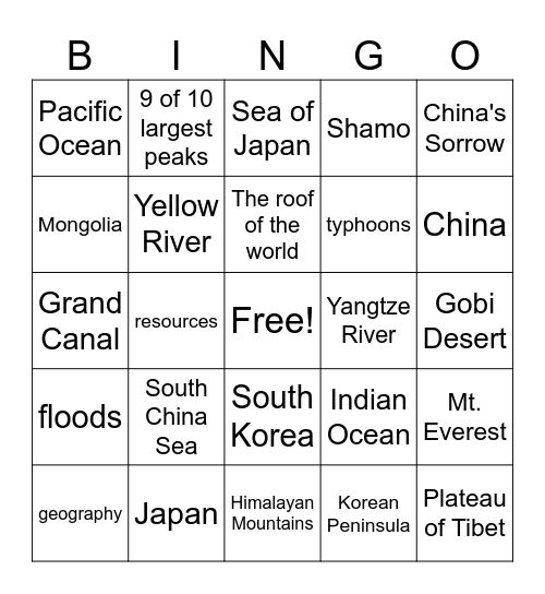 Geography of East Asia Bingo Card