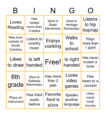 Middle School Bingo Card