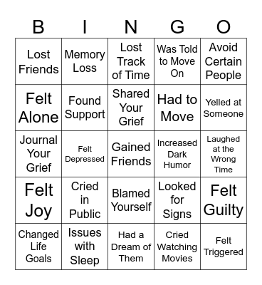 Grief Bingo - Teen Version Bingo Card
