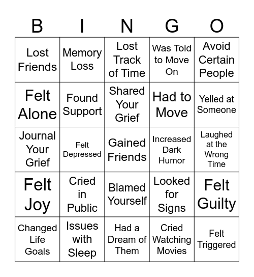 Grief Bingo - Teen Version Bingo Card