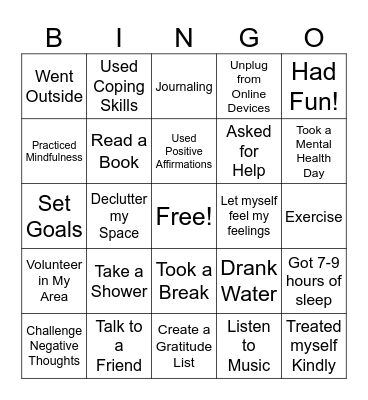 Self-Care Bingo Card
