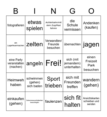 Was hast du (in den Ferien) gemacht? Bingo Card