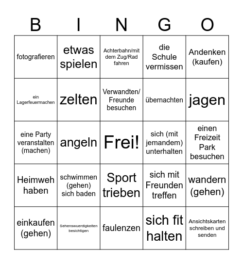 Was hast du (in den Ferien) gemacht? Bingo Card