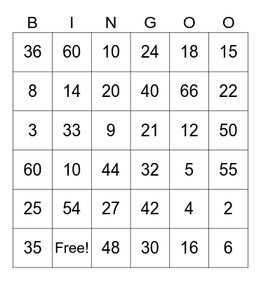 Multiplication 2-6 Bingo Card