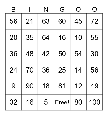 Multiplication 5 -10 Bingo Card