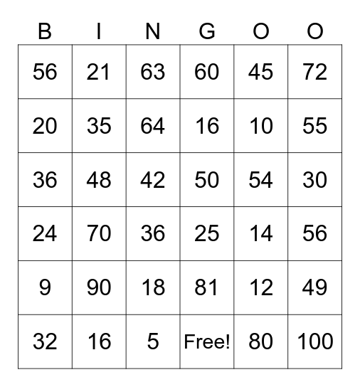 Multiplication 5 -10 Bingo Card