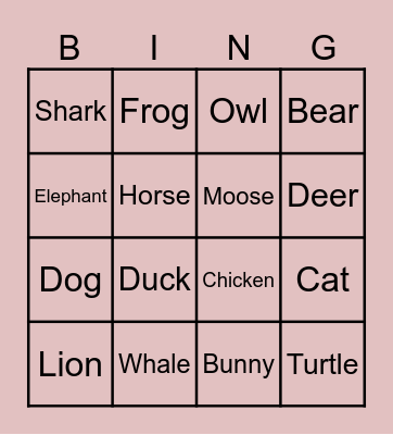 Animal Bingo! Bingo Card