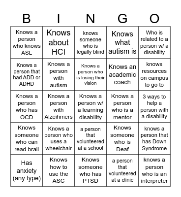 disAbility Awareness week Bingo Card