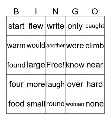 Grade 1 February Bingo Card