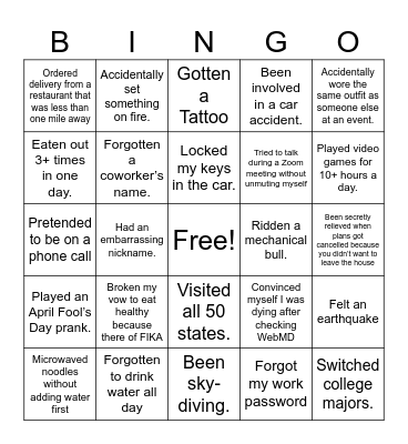 Never Have I Ever Bingo Card