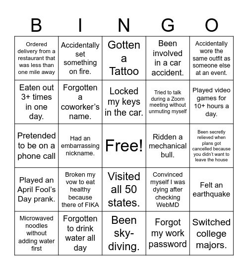 Never Have I Ever Bingo Card