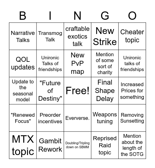 D2 State of the Game Bingo Card