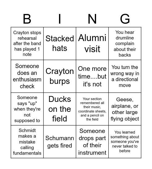 Band Camp Bingo 2023 Bingo Card