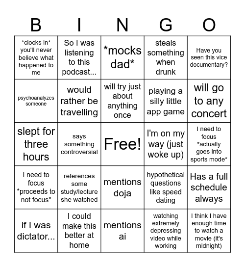 Suzy Bingo Card