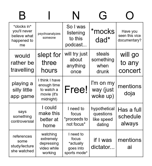 Suzy Bingo Card