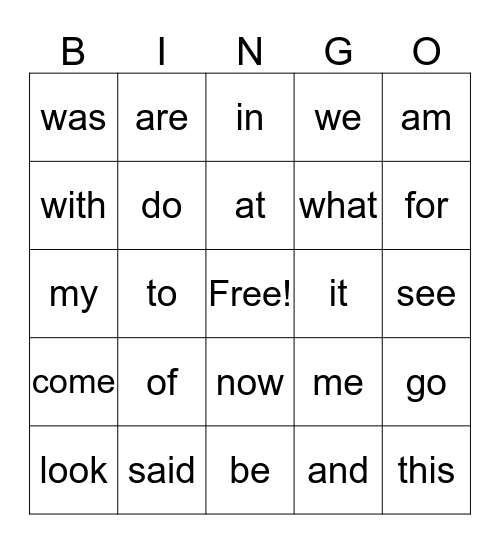 Sightword Bingo Card