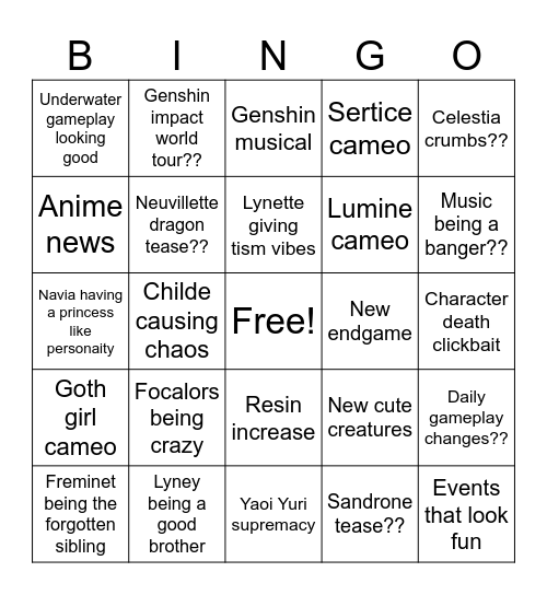 Genshin Impact 4.0 Livestream Bingo Card