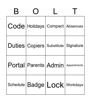 Nuts and Bolts Bingo Card