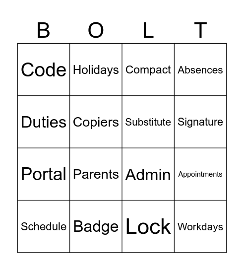 Nuts and Bolts Bingo Card