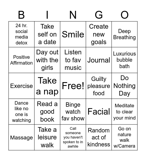 Self Care Bingo Card