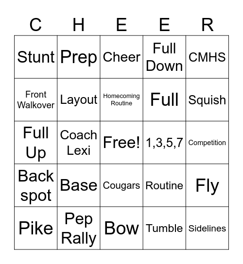 CMHS Cheerleading Bingo Card