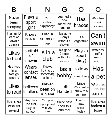 Back to School Bingo Card