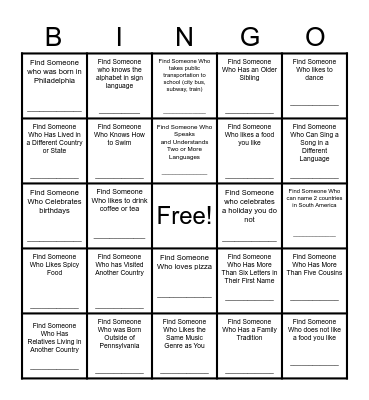 Find a Friend Bingo Card