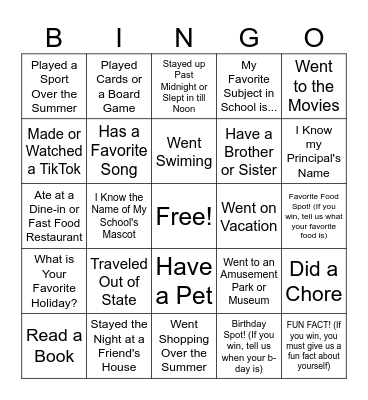 SUMMER BRIDGE BINGO Card