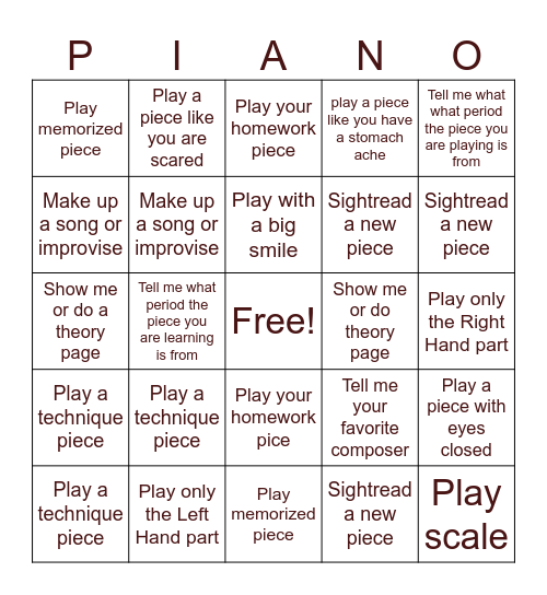 PIANO LESSON BINGO Card