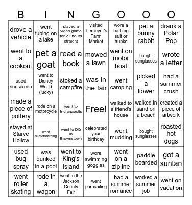 Summer Vacation Bingo Card