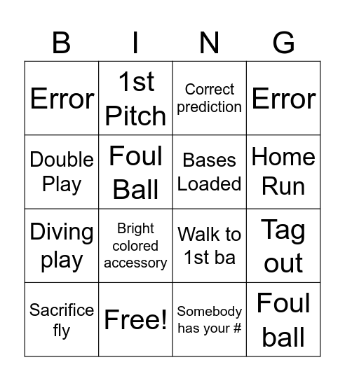 Softball Bingo Card