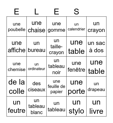 French Classroom Objets Bingo Card