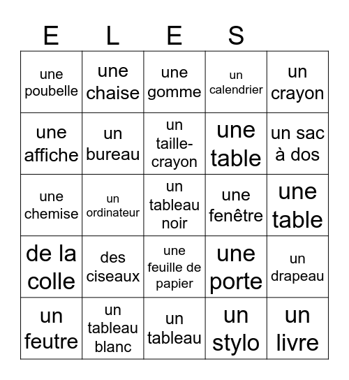 French Classroom Objets Bingo Card