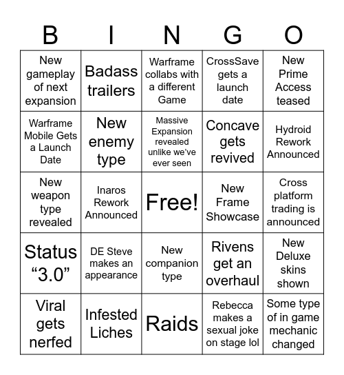 Tennocon 2023 Bingo Card