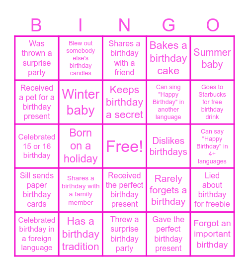 Samantha's B-day Bingo Card
