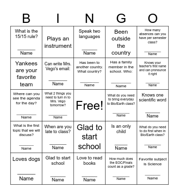 First Day of School Bingo Card