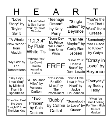 Love Song Bingo Card